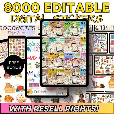 15,000 Pages Planners, Journals, Templates, & 8000 Digital Stickers with Resell Rights!